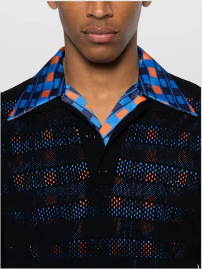 Dries Van Noten Short Sleeve Black Polo In Striped Mesh Knit In Green