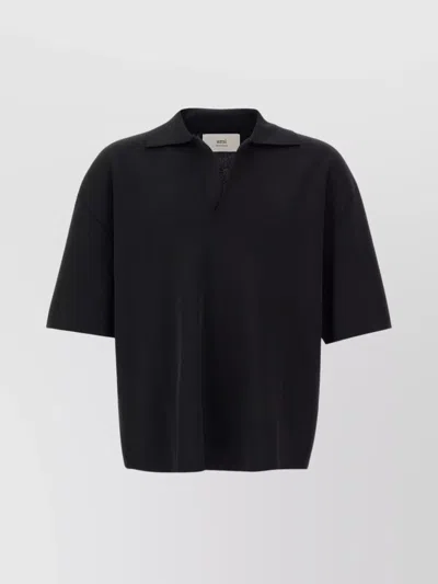 Ami Alexandre Mattiussi Fitted V-neck Polo Shirt With Classic Collar And Short Sleeves In Black