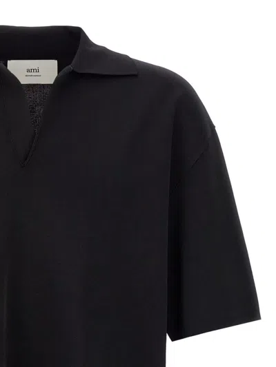 Ami Alexandre Mattiussi Fitted V-neck Polo Shirt With Classic Collar And Short Sleeves In Black