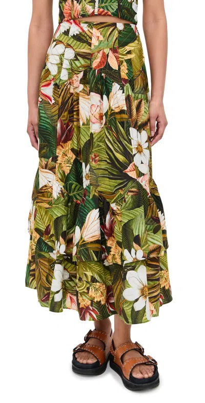 Farm Rio Botanical Forest Asymmetric Yoke Midi Skirt Botanical Forest Multicolor In Botanical Forest Multicolor