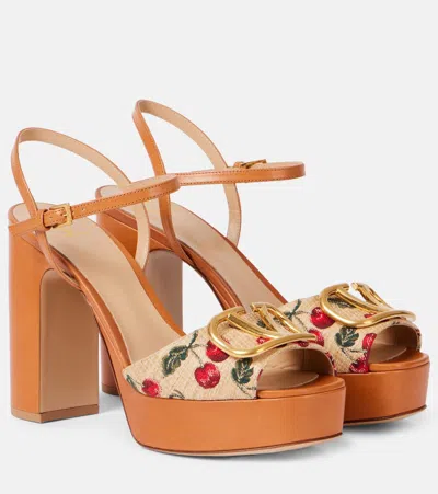 Valentino Garavani Cherry-embroidered Raffia Platform Sandals In Brown