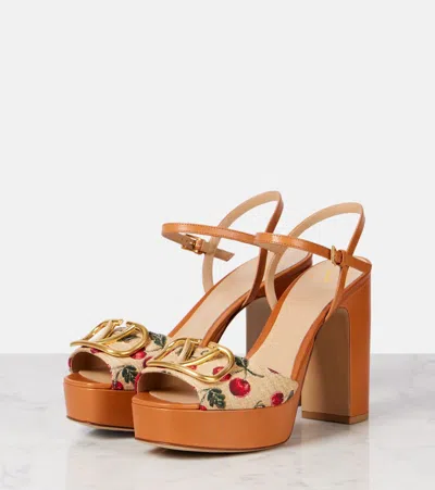 Valentino Garavani Cherry-embroidered Raffia Platform Sandals In Brown