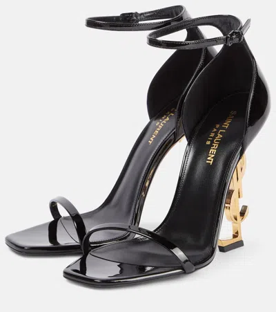 Saint Laurent Opyum Patent Leather Sandals With Structured Heel Featuring Metal Ysl Initials And Adj In Black