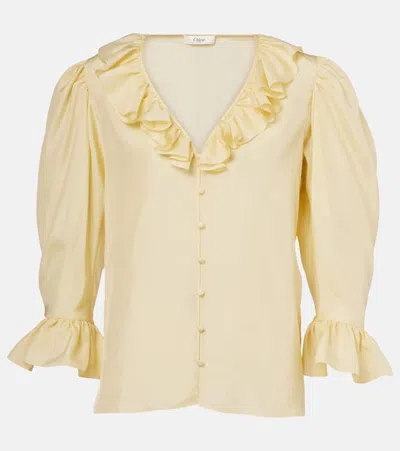 Chloé V-neck Ruffle Top In Silk Habotai In Yellow