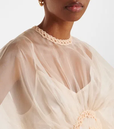 Zimmermann 'illuminate' Beige Crewneck Dress With Wide Elastic Long Sleeves And Macrame Details On Neck And Wai In White