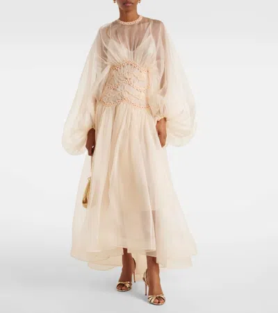Zimmermann 'illuminate' Beige Crewneck Dress With Wide Elastic Long Sleeves And Macrame Details On Neck And Wai In White
