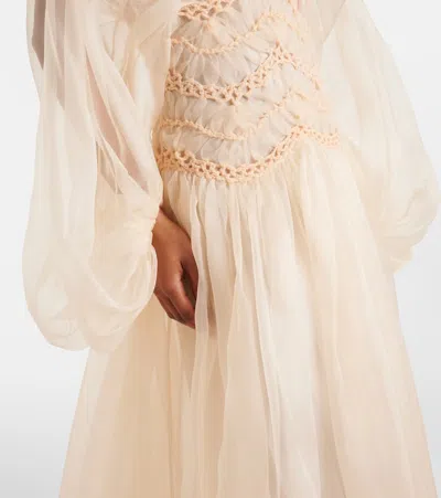 Zimmermann 'illuminate' Beige Crewneck Dress With Wide Elastic Long Sleeves And Macrame Details On Neck And Wai In White