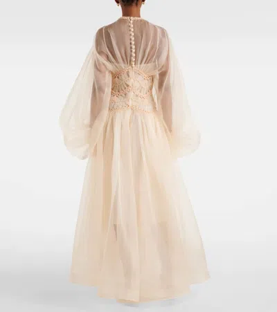 Zimmermann 'illuminate' Beige Crewneck Dress With Wide Elastic Long Sleeves And Macrame Details On Neck And Wai In White