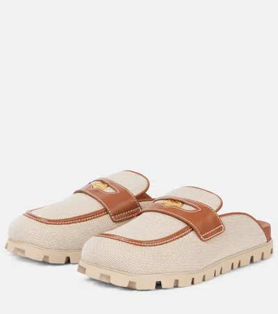 Miu Miu Canvas And Leather Mules In Beige
