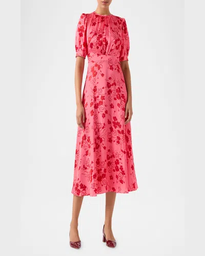 Lk Bennett Jem Puff Sleeve Hammered Satin Midi Dress In Pink