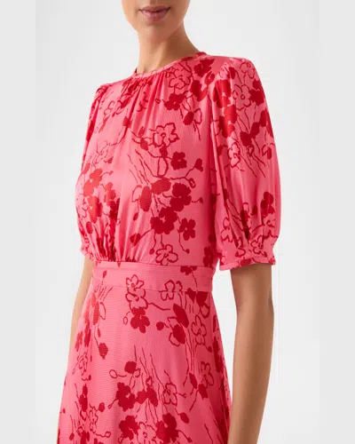 Lk Bennett Jem Puff Sleeve Hammered Satin Midi Dress In Pink