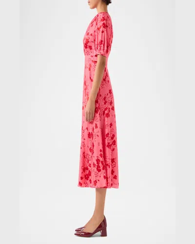 Lk Bennett Jem Puff Sleeve Hammered Satin Midi Dress In Pink