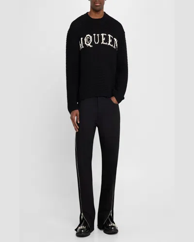 Alexander Mcqueen Mcqueen Textured Cotton Sweater With Inlaid Logo In Lead/ivory
