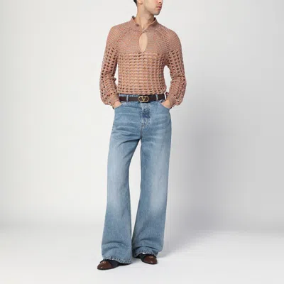 Valentino Openwork Sweater In Linen Blend In Nude
