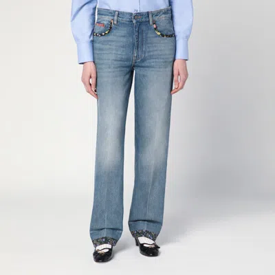 Valentino Straight-fit Denim Pants With Colorful Embellishments In Blue