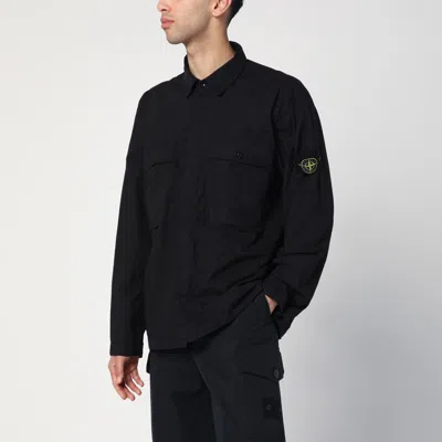 Stone Island Compass-patch Zip-up Overshirt In Black