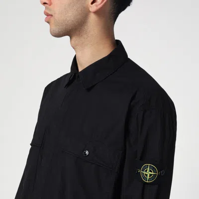 Stone Island Compass-patch Zip-up Overshirt In Black