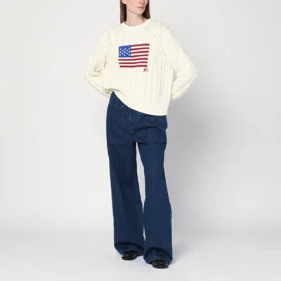 Polo Ralph Lauren Cream Sweater With Flag Detail In Green