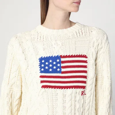 Polo Ralph Lauren Cream Sweater With Flag Detail In Green