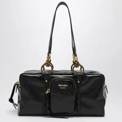 Prada Leather Handbag With Double Handles And Front Pocket In Black