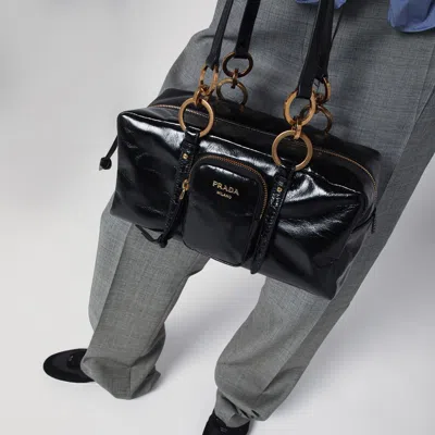 Prada Leather Handbag With Double Handles And Front Pocket In Black