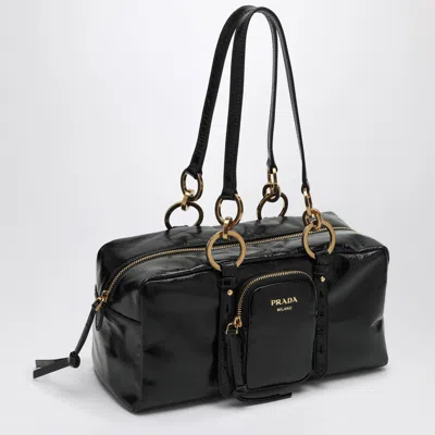 Prada Leather Handbag With Double Handles And Front Pocket In Black