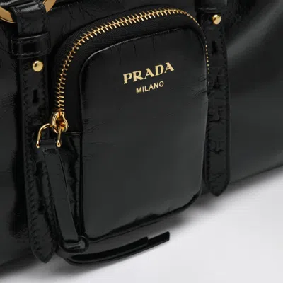 Prada Leather Handbag With Double Handles And Front Pocket In Black