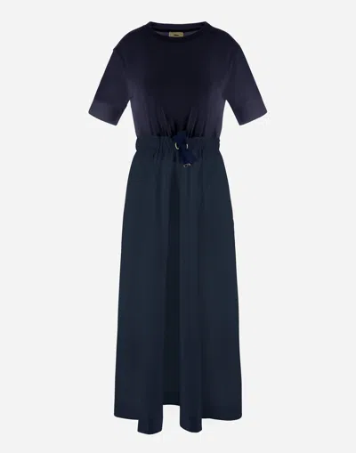 Herno Blue Crewneck Midi Dress With Elastic Drawstring Waist And Panelled Design In Multicolor