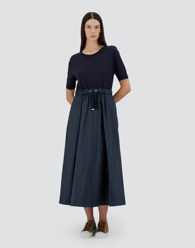 Herno Blue Crewneck Midi Dress With Elastic Drawstring Waist And Panelled Design In Multicolor