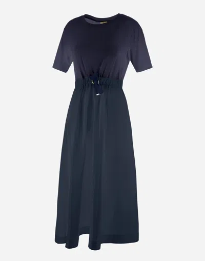 Herno Blue Crewneck Midi Dress With Elastic Drawstring Waist And Panelled Design In Multicolor