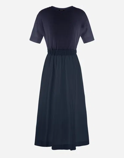 Herno Blue Crewneck Midi Dress With Elastic Drawstring Waist And Panelled Design In Multicolor