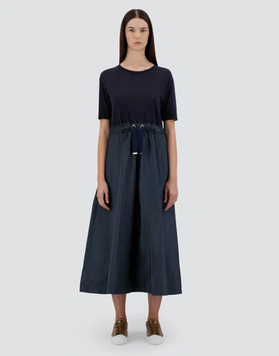Herno Blue Crewneck Midi Dress With Elastic Drawstring Waist And Panelled Design In Multicolor
