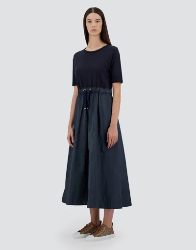 Herno Blue Crewneck Midi Dress With Elastic Drawstring Waist And Panelled Design In Multicolor