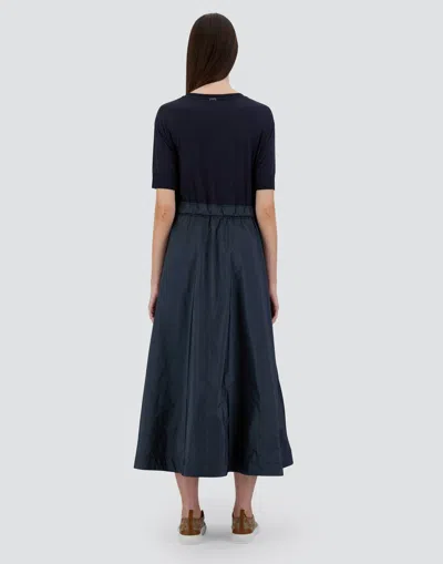 Herno Blue Crewneck Midi Dress With Elastic Drawstring Waist And Panelled Design In Multicolor