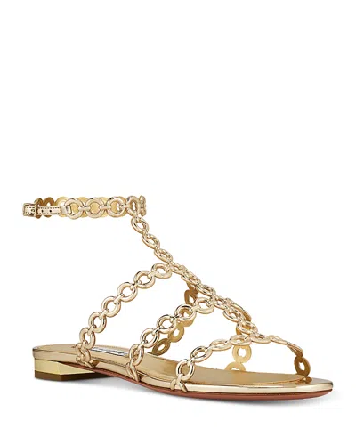 Aquazzura Heel Sandals With Metallic Chain Detail In Soft Gold