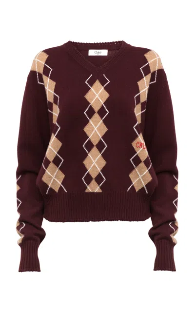 Chloé Chloe Argyle-intarsia Wool And Cashmere-blend Jumper In Burgundy
