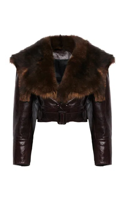 Chloé Shiny Leather Crop Moto Jacket With Removable Lamb Shearling Collar In Brown