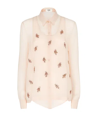 Fendi Women Georgette Top With Rhinestones And Sequins Embroidery In Multi
