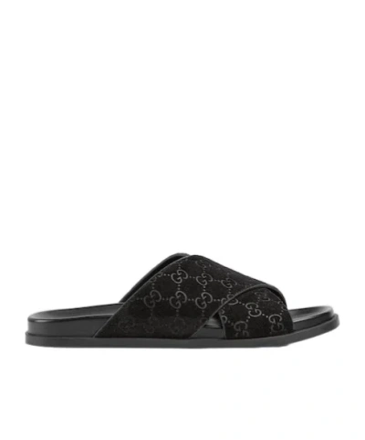 Gucci Men Leather Slides With All-over Gg Motif In Black