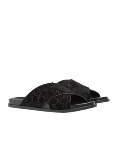 Gucci Men Leather Slides With All-over Gg Motif In Black