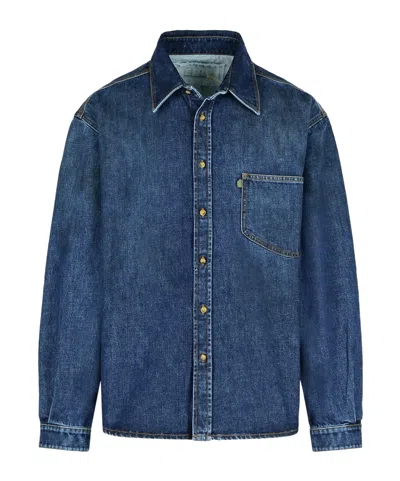 Erl Blue Shirt With Pointed Collar And Logo Patch On The Front In Blue