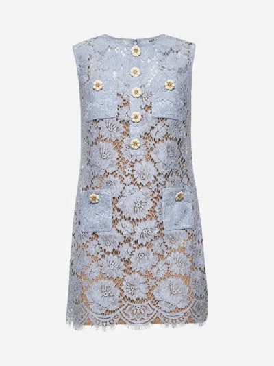 Self-portrait Blue Crewneck Mini Dress With All-over Lace Embroidery And Scallop Hem In Cotton Blend Woman