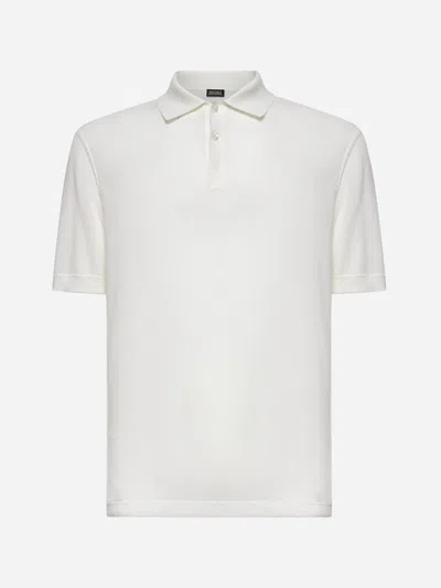 Zegna Cotton Polo Shirt With Intarsia Knitted Stripe In White