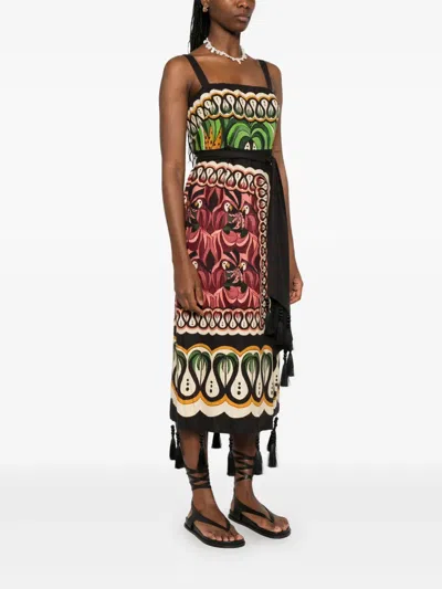 Farm Rio Coconut Tree Mixed Scarf Print Strapless Linen Blend Dress In Beige Multi