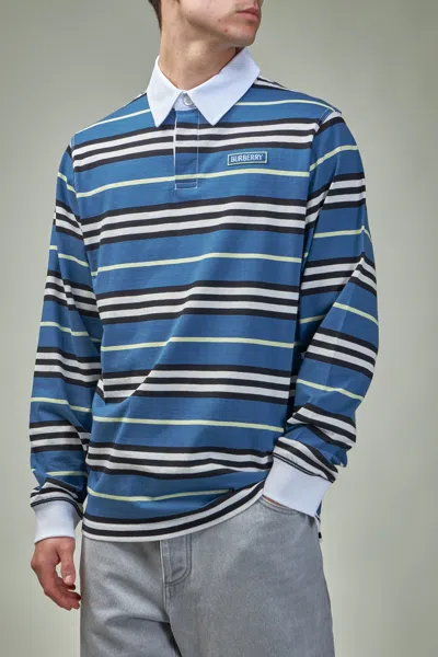 Burberry Long-sleeve Striped Cotton Polo Shirt In Blue