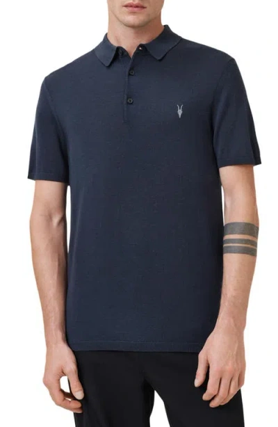 Allsaints Mode Merino Short Sleeve Polo Shirt In Navy Blue