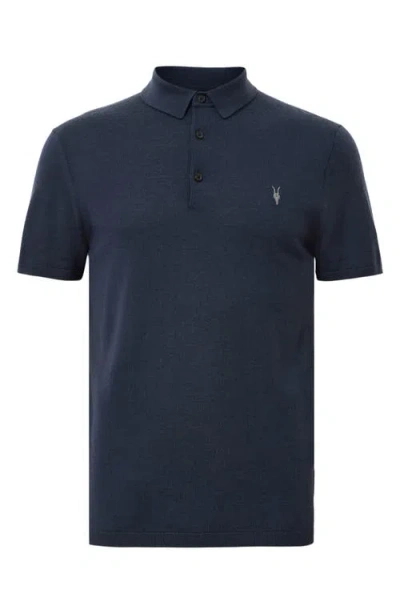 Allsaints Mode Merino Short Sleeve Polo Shirt In Navy Blue