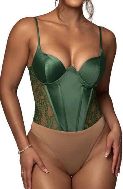 Jluxlabel Incomparable Lace Inset Satin Bodysuit In Green