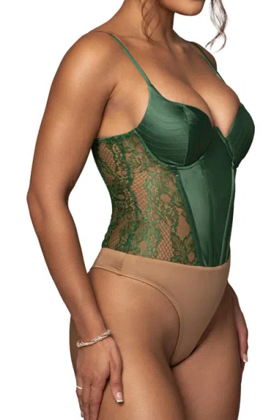 Jluxlabel Incomparable Lace Inset Satin Bodysuit In Green