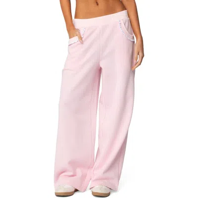 Edikted Ashtin Ruffle Trim Wide Leg Sweatpants In Light-pink